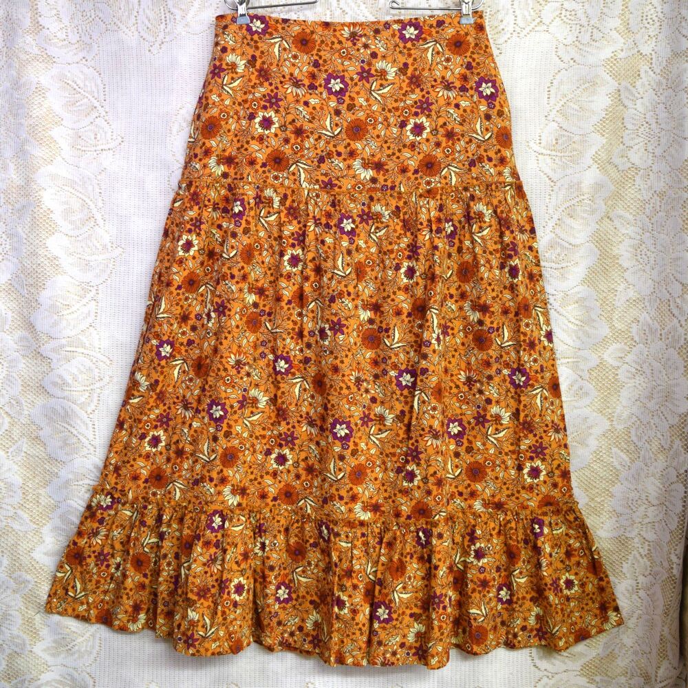 Luna Moon Womens Size Large Orange Floral Tiered Maxi Skirt Cotton Blend NEW